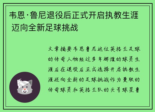 韦恩·鲁尼退役后正式开启执教生涯 迈向全新足球挑战 韦恩·鲁尼退役后正式开启执教生涯 迈向全新足球挑战